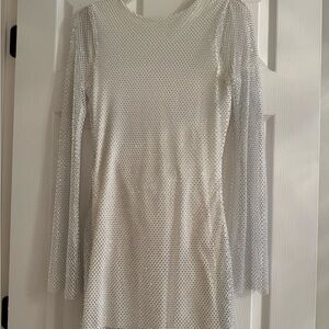 12th Tribe Anna White Rhinestone Mesh Long Sleeve Dress